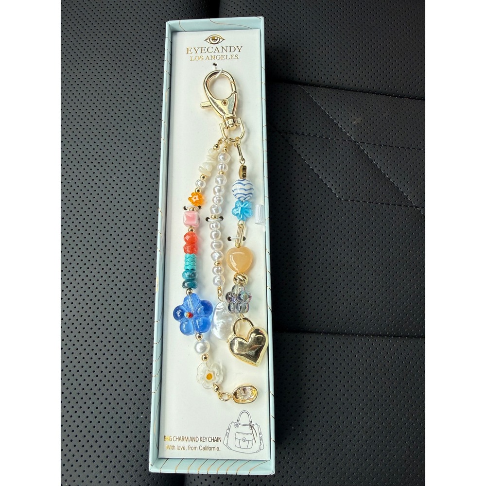 Eyecandy Los Angeles Beaded Bag Charm Keychain Gold Heart Flower Multi Color NEW
